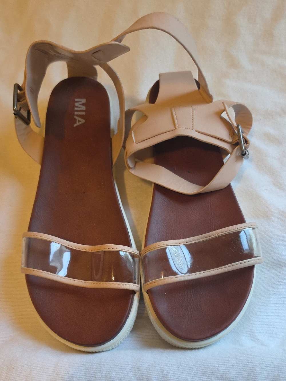 MIA Women’s Beige and Clear Ankle-Strap Sandals